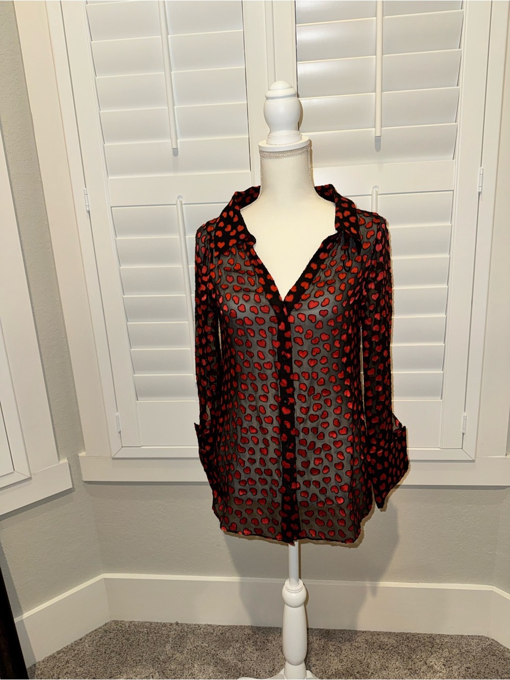 Alice + Olivia Sheer Black Blouse with Red Heart Print
